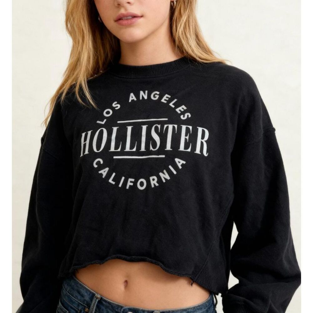 s Womens Teen Hollister Los Angeles California Black Cropped Sweatshirt Top